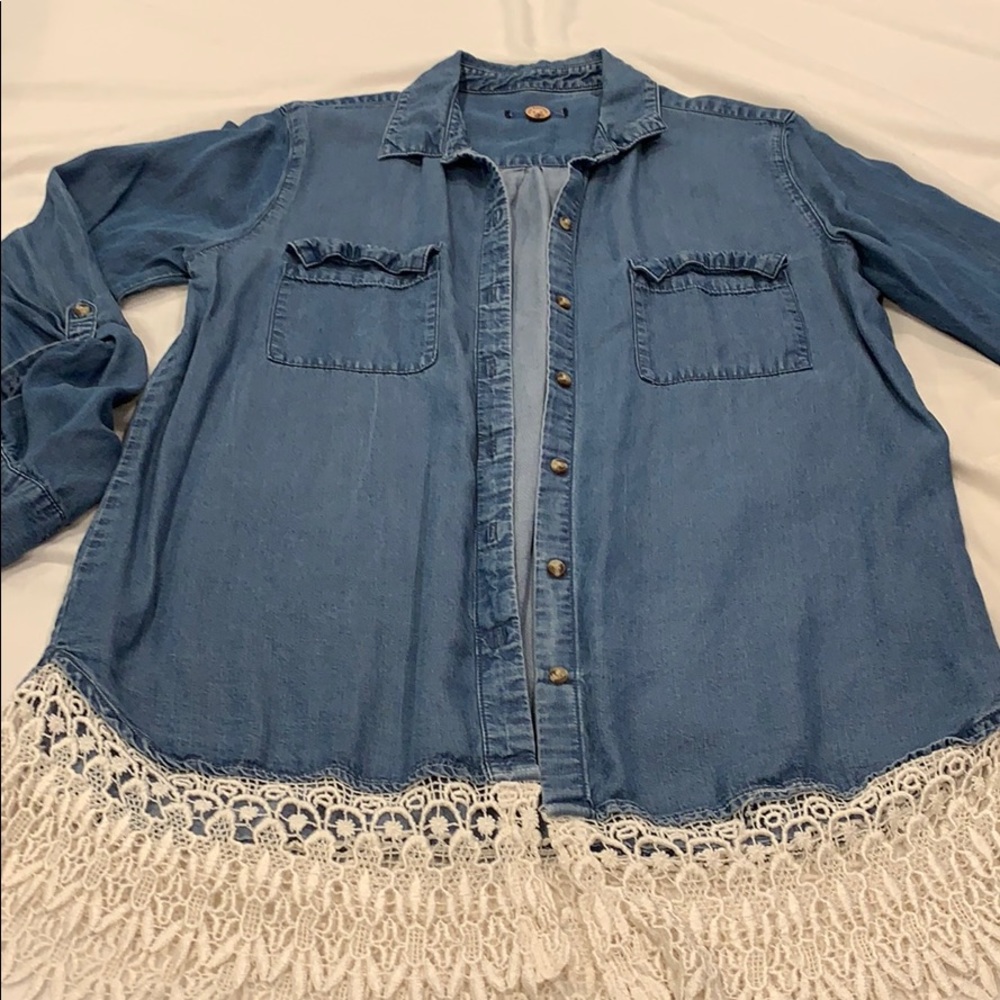 Up cycled denim shirt with cream lace trim